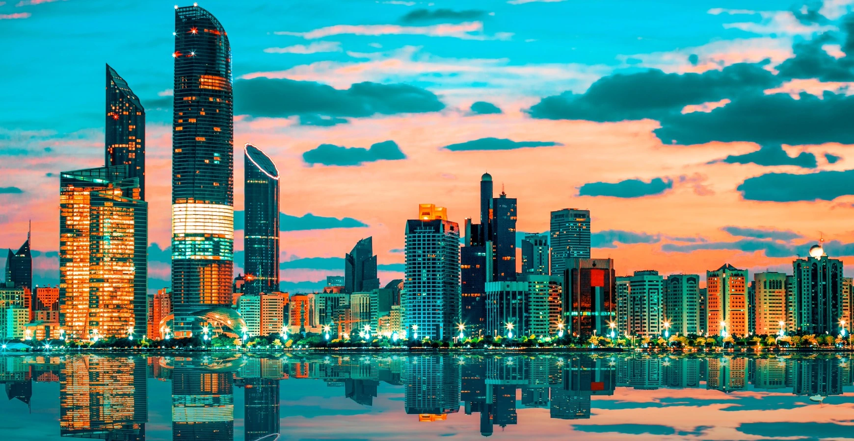 Abu Dhabi Free Zone Company Setup skyline view at sunset waterfront
