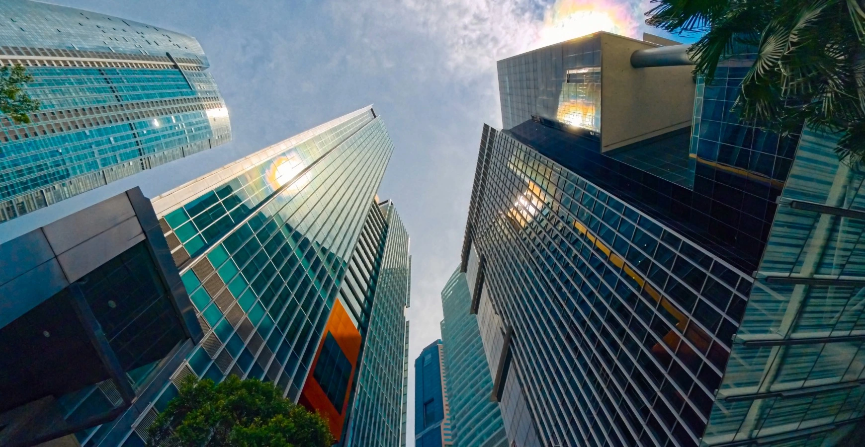 Sharjah Free Zone Company Setup skyscrapers viewed from street level below